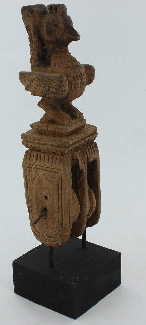 Silk Thread Pulley, Hand Carved Teak, Rooster Standing On a Pedestal. - Roadshow Collectibles