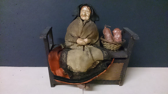 Doll, Hand Made, Older Women Sitting On a Bench With Basket Of Meats - Roadshow Collectibles