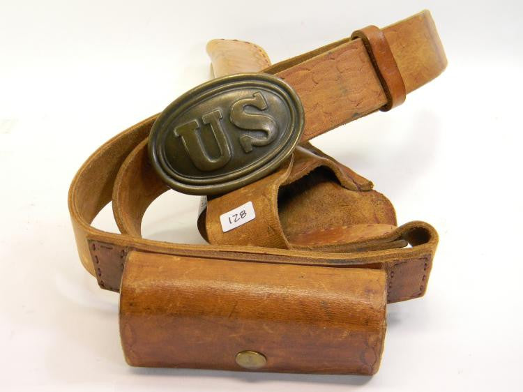 U.S Civil War Military Leather Belt Holster Bullet Pouch Brass Buckle.
