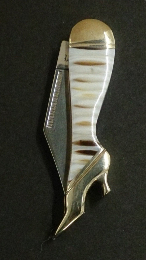 Cat Eye Folding Pocket Knife. Leg Shaped, Brown & White Striped Design - Roadshow Collectibles