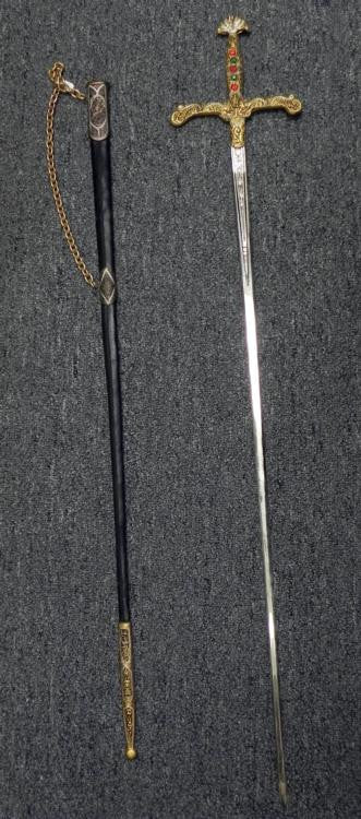 Spanish Sword, Leather Covered Scabbard, Glass Gem Stoned Grip Handle - Roadshow Collectibles