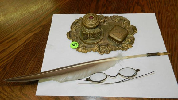 Desk Inkwell/Quill Feather Pen/Benjamin Franklin Styled Glasses - Roadshow Collectibles