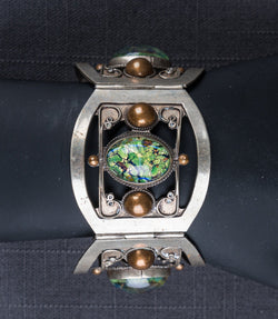 Handcrafted 4 Panel Design Dragon Breath Cabochons Sterling Silver Taxco Bracelet