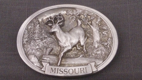 Belt Buckle, Made By H. Bryant, 1990, Missouri, Forest Scene & Deer - Roadshow Collectibles