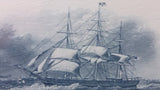Matte Framed Three Mast Schooner in Rough Waters Engraved Print