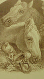 Vintage Engraved Horse Print Two Horses & Pigeons in Wreath Frame