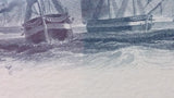 Engraved Maritime Print Five Schooners with Steam Power Framed Collectible