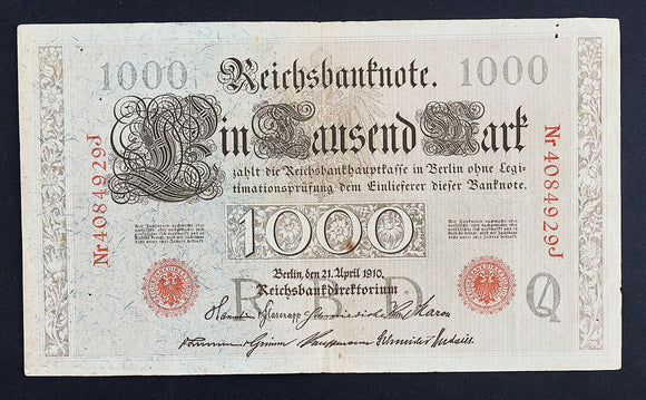 1910 Old German Banknote, 1000 Mark, Red Seal, Nr 4084929J - Roadshow Collectibles