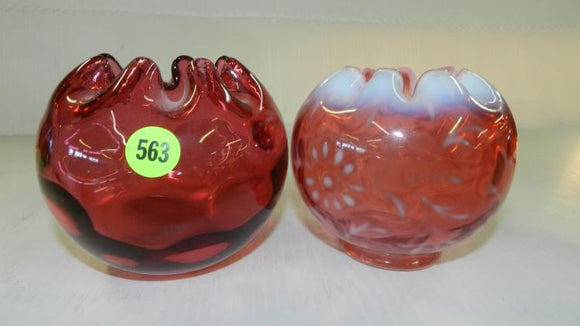 Fenton Hand Blown Glass, Set Of Two Ruffled Lip Cranberry Rose Bowls - Roadshow Collectibles