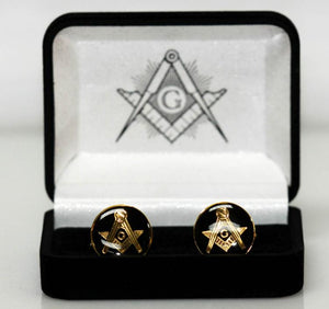 Masonic Cufflinks, Black & Gold, Square & Compass, Center The Letter G - Roadshow Collectibles