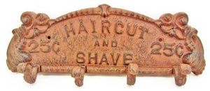 Wall Plaque Hat Stand, Cast Iron, Four Hooks, Haircut & Shave 25 Cents - Roadshow Collectibles