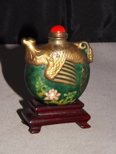 Chinese Peking Glass Overlay Snuff Bottle Hand Painted Flowers Dragon - Roadshow Collectibles