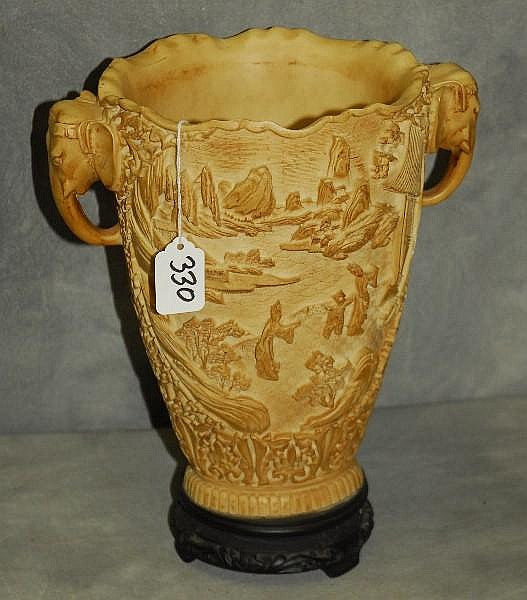 Chinese Vase, Ivory Coloured, Mountainous Scene Homes Figures, Handles - Roadshow Collectibles