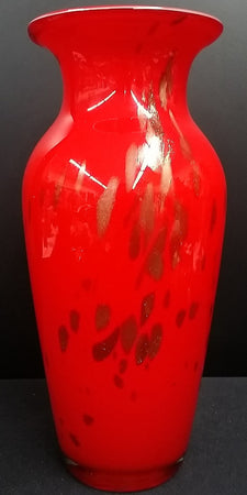 Murano Style Vase, Hand Blown Studio Art Glass, Iridescent Red & Gold. 