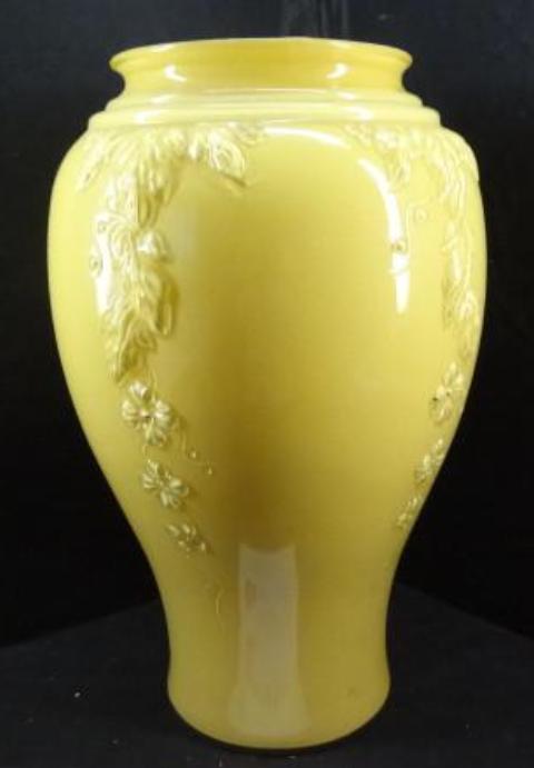 Mustard Yellow Glass Vase, Majestic Overlay Of Leaves Vines & Flowers - Roadshow Collectibles