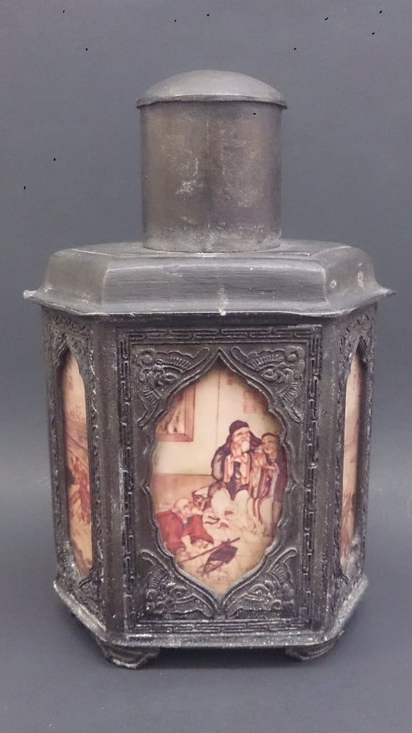 Tea Caddy Bronze Body with Scroll Designs & Hand-Painted Glass Panels - Roadshow Collectibles
