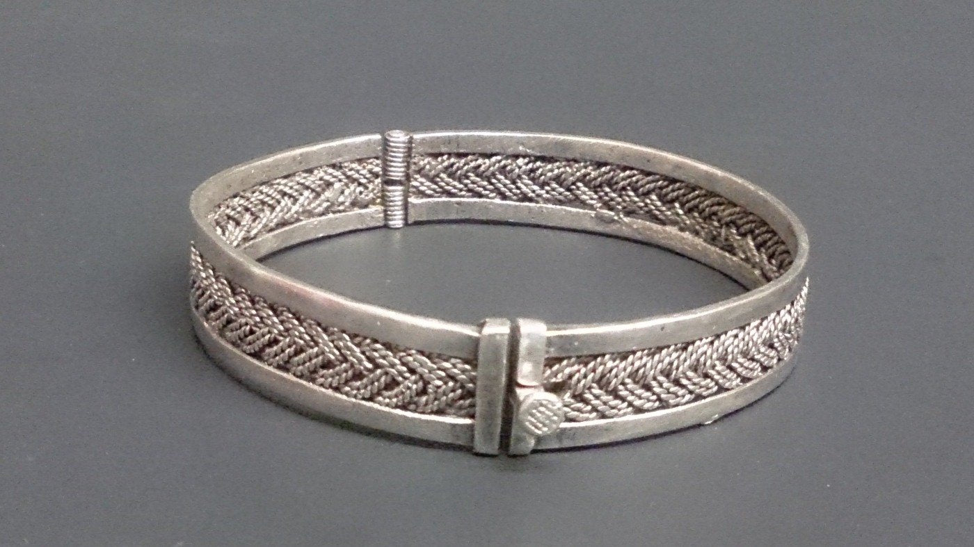 Bracelet Ancien Argent Massif 850 - Maille Tresse Vintage Longueur 22 Cm