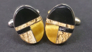 Sterling Silver Oval Shaped Cufflinks, Inlaid with Multiple Stones - Roadshow Collectibles