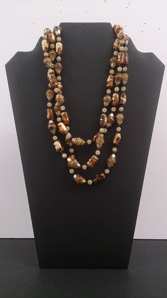 Necklace, Mixed Earthy Tone Beads, Capped Gold Plated Clasping Spacers - Roadshow Collectibles
