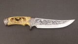 Hunting Knife, Large Etched Blade, Cut Out Howling Wolf Grip - Roadshow Collectibles
