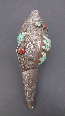 Tibetan Shell Horn Silver Turquoise and Semi-Precious Stones Encrusted - Roadshow Collectibles
