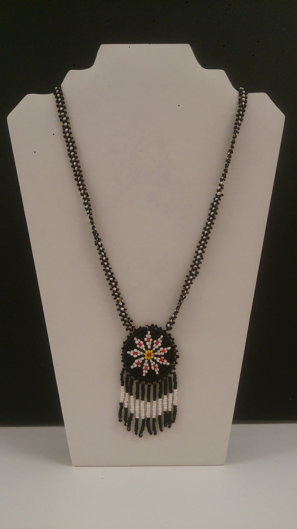 Necklace Flower Motif, Black, White, Red, Yellow, Micro Beads, Tassels - Roadshow Collectibles