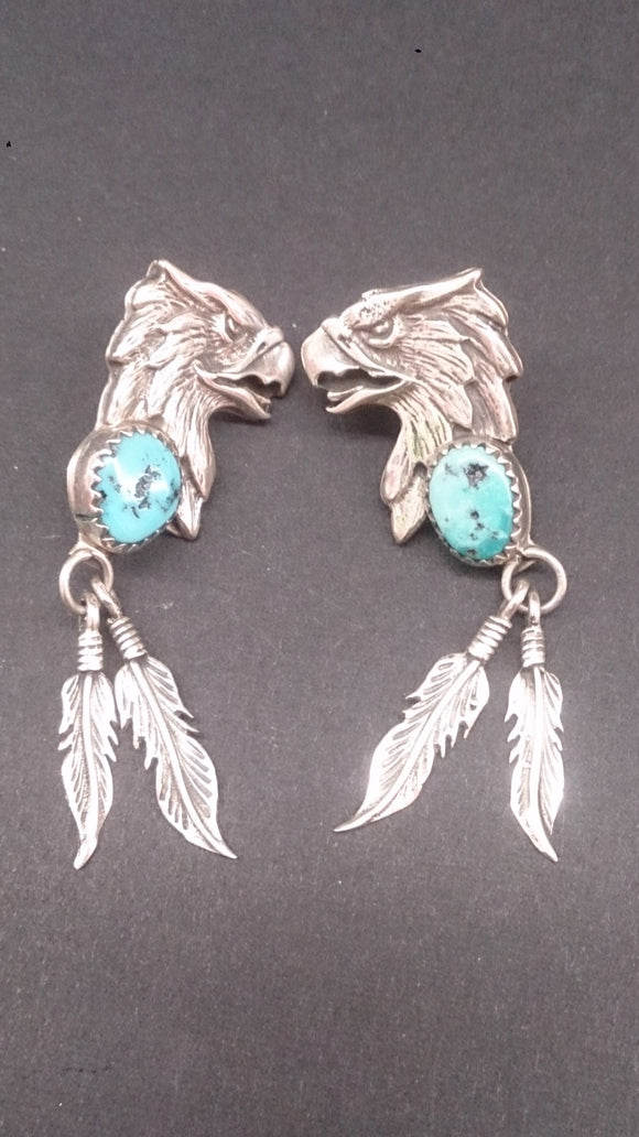 Earrings Sterling Silver, Eagle Head, Feather Design, Turquoise Stones - Roadshow Collectibles