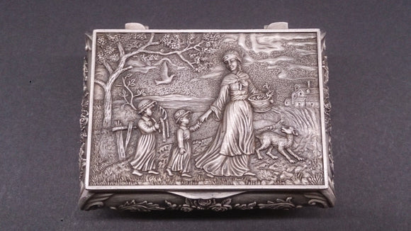 Jewellery Box, White Copper, Scene Of Mother, Children, Dog, and Dove - Roadshow Collectibles