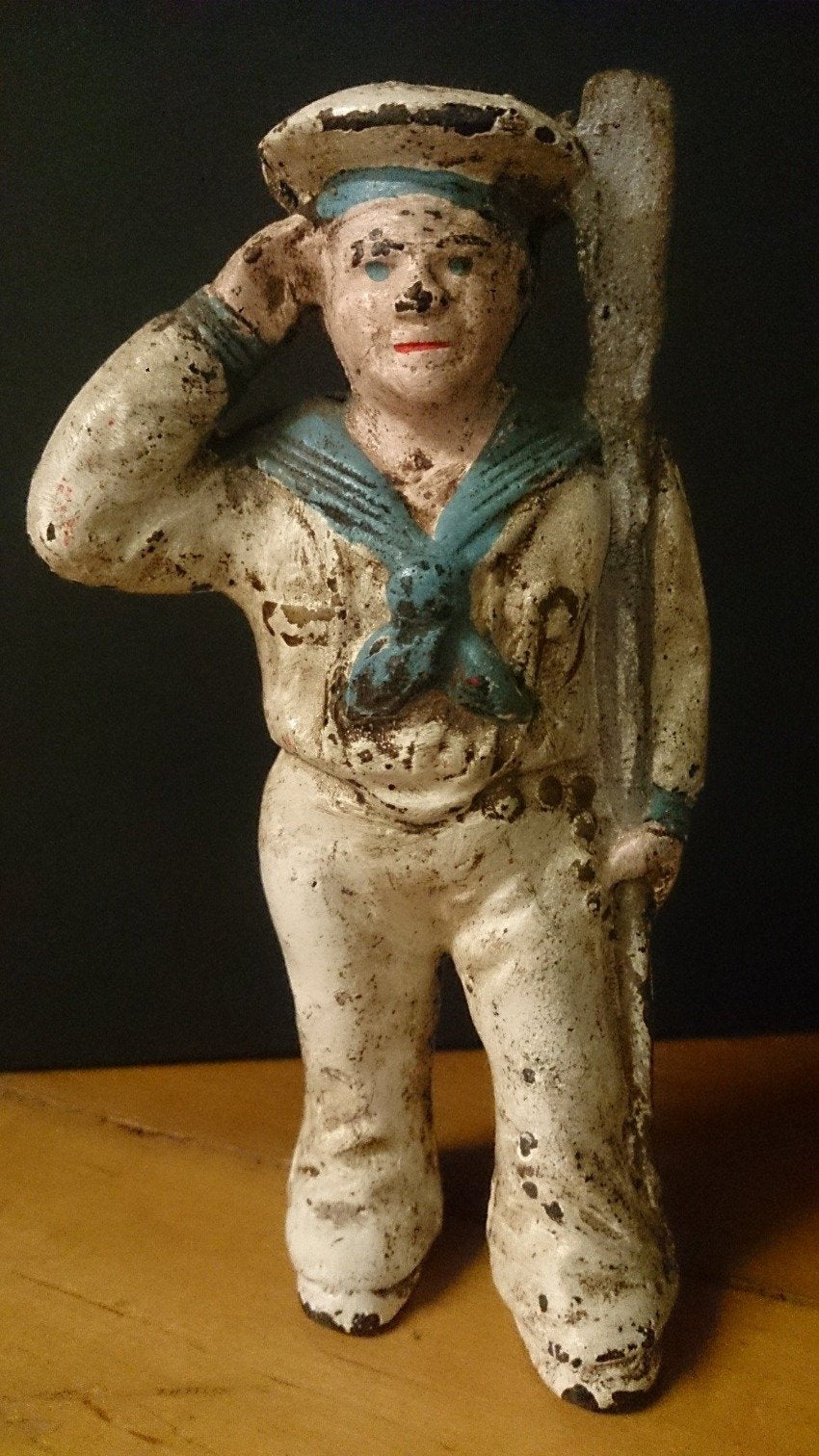 Hubley Saluting Sailor Oarsman Coin Bank, Blue & White, Cast Iron