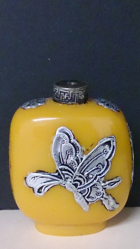 Chinese Yellow Glass Snuff Bottle Silver Overlay Butter Flies Flowers - Roadshow Collectibles