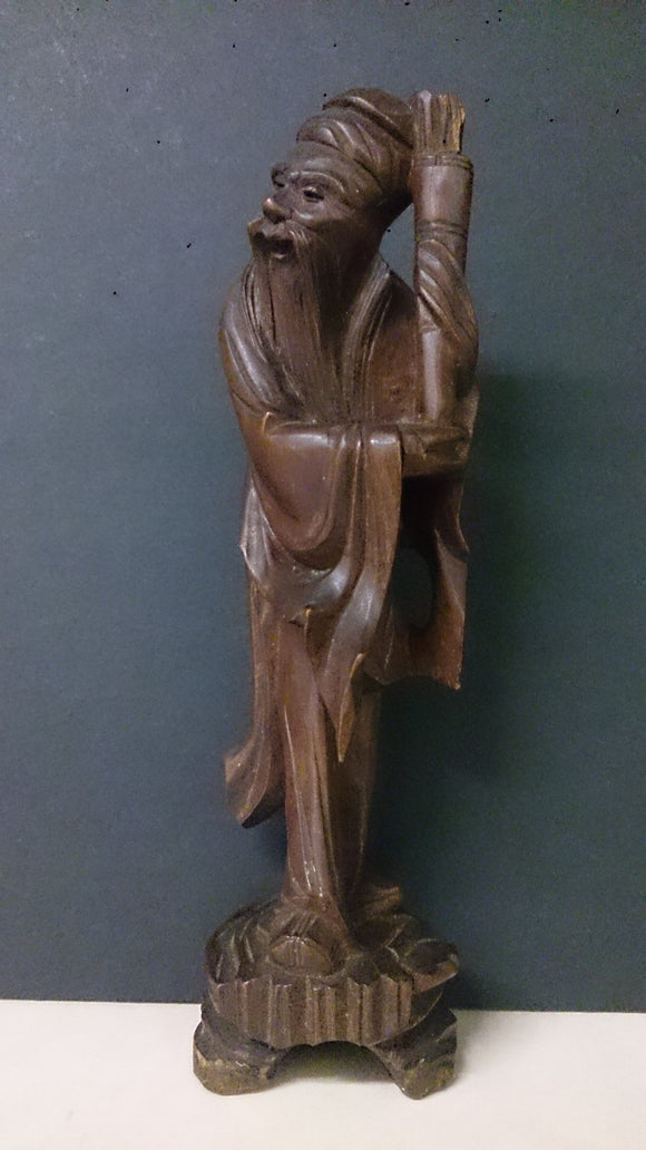 Older Asian Man, Hand Carved, Holding Up a Carrying Basket Of Sticks - Roadshow Collectibles