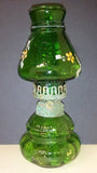 Green Glass Oil Lamp Font & Chimney Mould-Blown Hand Painted Flowers - Roadshow Collectibles
