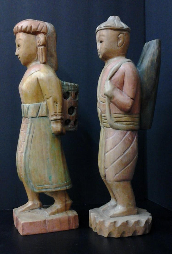 Asian Hand Carved Statuettes Polychrome Male & Female Carrying Parcels - Roadshow Collectibles
