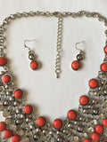 Necklace & Earring Set, Pink Orange Coral Silver Beads White Crystals - Roadshow Collectibles