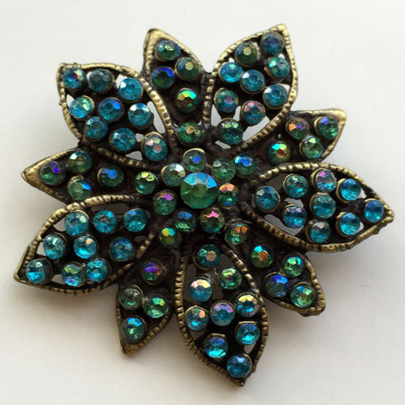 Flower Brooch Pin, Petals Embedded with Capri Blue Crystal Rhinestones - Roadshow Collectibles