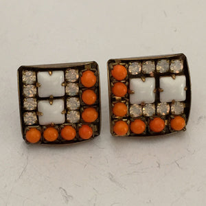 Square Pushback Earrings, Milky White, Opaque White & Orange Crystals - Roadshow Collectibles