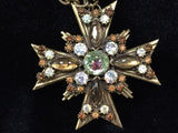 Necklace & Pendant Gold Tone Maltese Cross Multi Coloured Rhinestones - Roadshow Collectibles