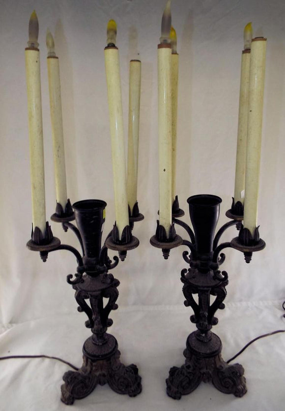 Four Arm 5 Light Pair Of Electric Cast Iron Mantel Candelabras - Roadshow Collectibles