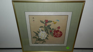Painting White and Pink Paeony Flowering Plant Yellow/Blue Butterflies - Roadshow Collectibles