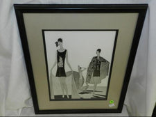 Art Deco print of three women posing on a beach, 1920s, framed and matted