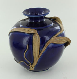 Studio Ceramic Vase, Deep Blue Glaze Base, Layered with a Wheat Branch - Roadshow Collectibles