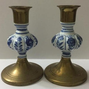 Jehvani Delft Candlestick Holders, a Pair, Brass and Porcelain - Roadshow Collectibles