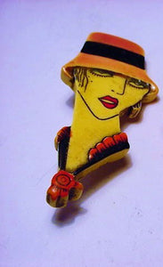 Art Deco Flapper Brooch Pin, Bakelite, Hand Painted, 1920's - Roadshow Collectibles