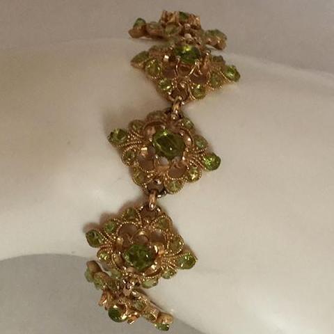 Gold Plated Bracelet, Flower Design, Group Of Green Peridot Gemstones - Roadshow Collectibles
