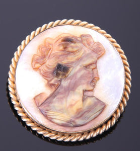 Alice Caviness Cameo Mother Of Pearl Brooch, Handmade, 12k Gold Filled - Roadshow Collectibles