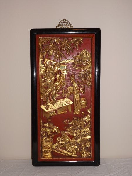 Japanese Wood Panel Heavily Hand Carved, Gold Gilded, Two Asian Women - Roadshow Collectibles