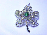 Leaf Brooch Pin, Silver Tone, White and Green Crystal Rhinestones - Roadshow Collectibles