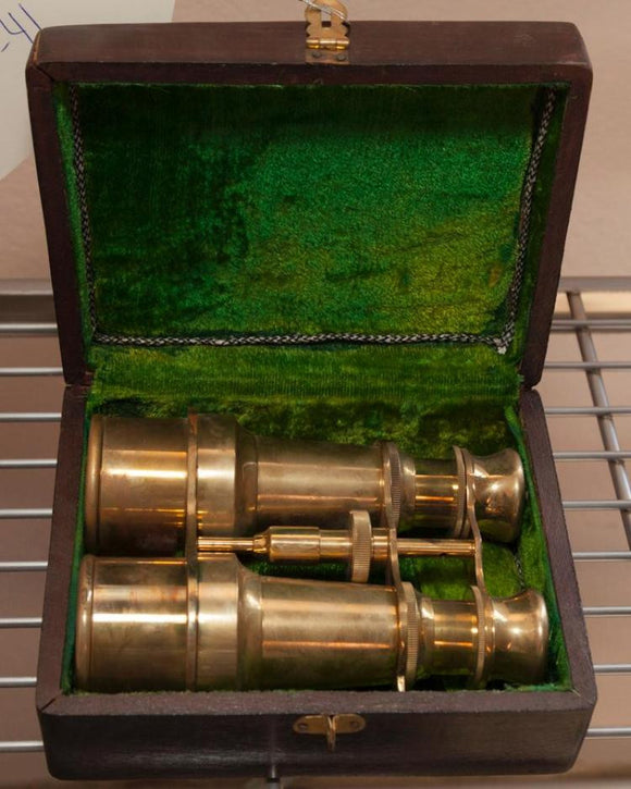 Brass Binoculars with Original Wooden Case, Lined with Green Felt - Roadshow Collectibles