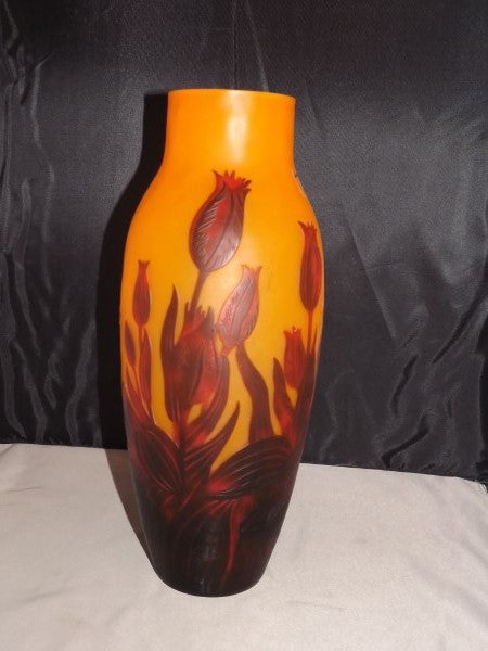 Galle Cameo Orange Glass Vase, Tulips, Marked Galle, Circa 1900 - Roadshow Collectibles