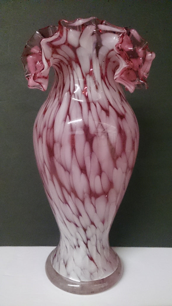 Fenton Cranberry Opalescent Vase, Ruffled Top, Bulb Body, Round Base - Roadshow Collectibles